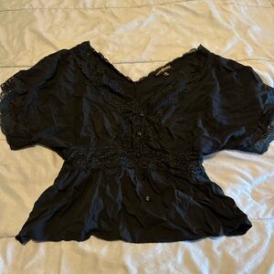 Black button blouse with lace trim